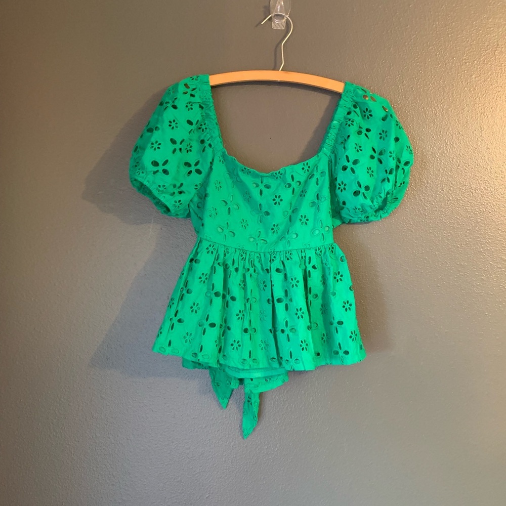 Trixxi Teal Eyelet Puff Sleeve Blouse